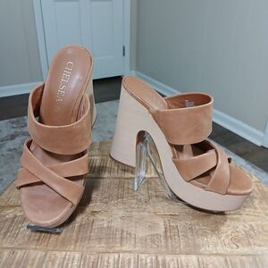 ​Chelsea & Violet Tan Leather Platform Wedge Mules Sandals Women's Size 9 M
